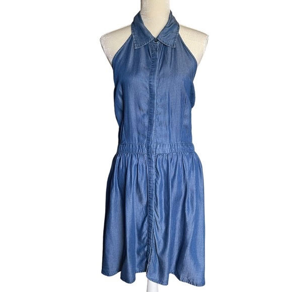Signature Studio Women’s Halter Neck Button Front Dress Size L Chambray Blue - Picture 1 of 8